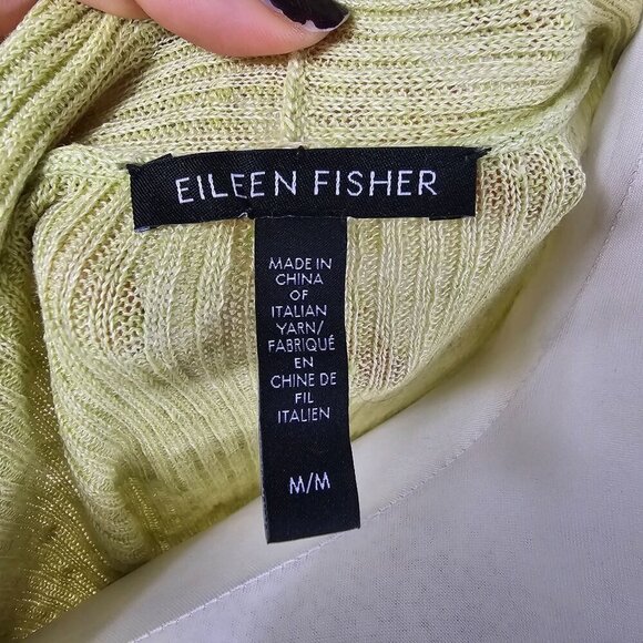 Eileen Fisher Womens Green Organic Linen Cardigan Sz M Open Front Ribbed Beachy - Picture 6 of 7